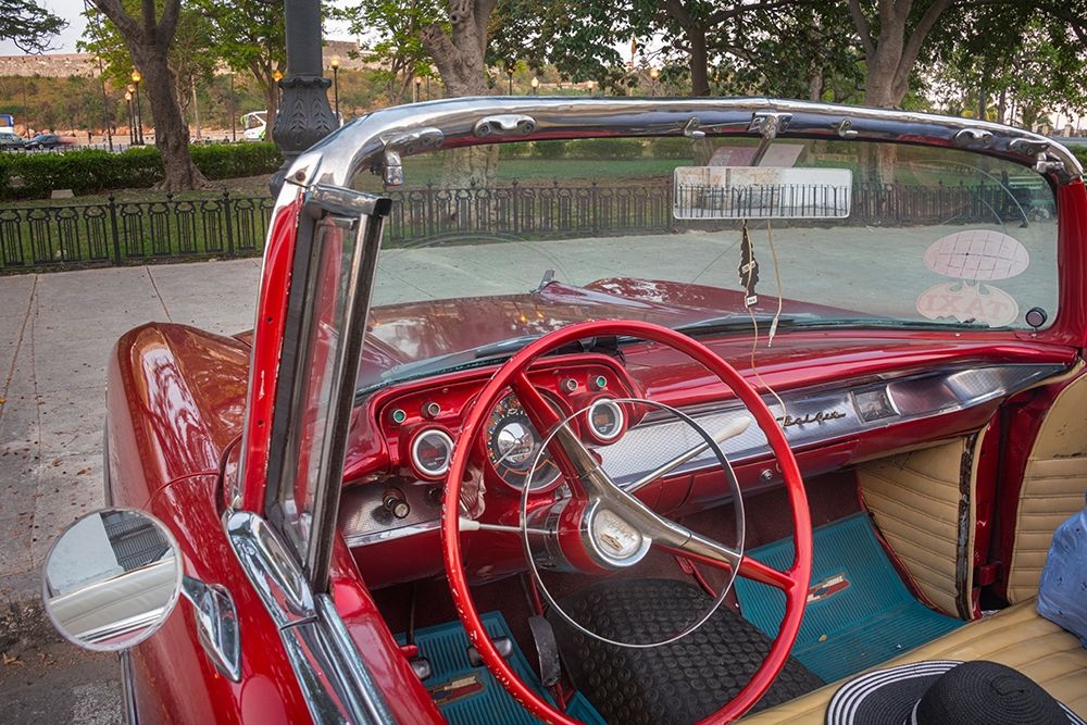 Interior view of red 57 Chevrolet Bel Air convertible in Habana-Havana-Cuba